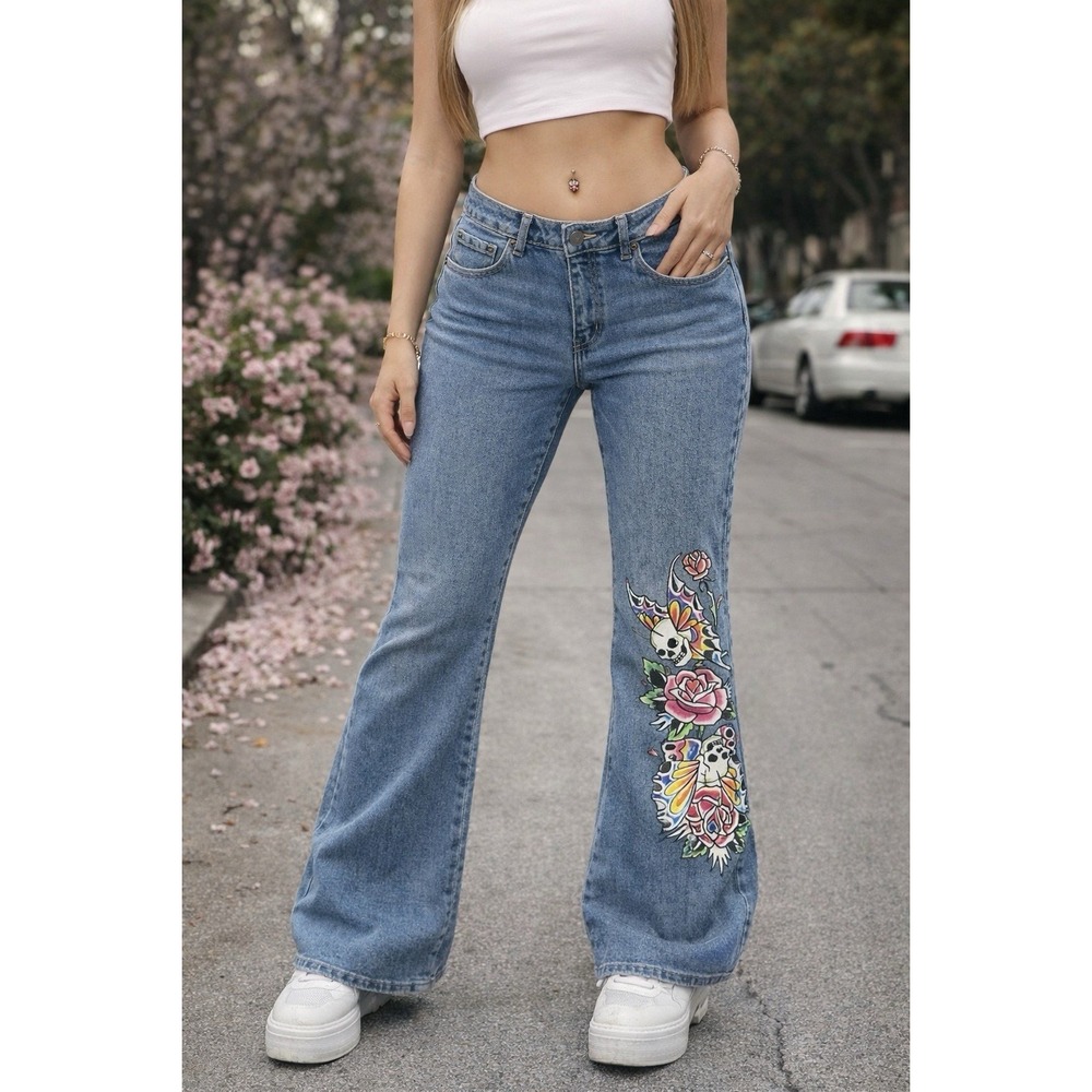 Ed Hardy Y2K Flare Jeans Womens 32 Fits‎ 34 Skull Rose Tattoo  90s Vintage Style